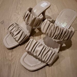 Seychelles Ruched Double-Strap Slide Heels in Nude